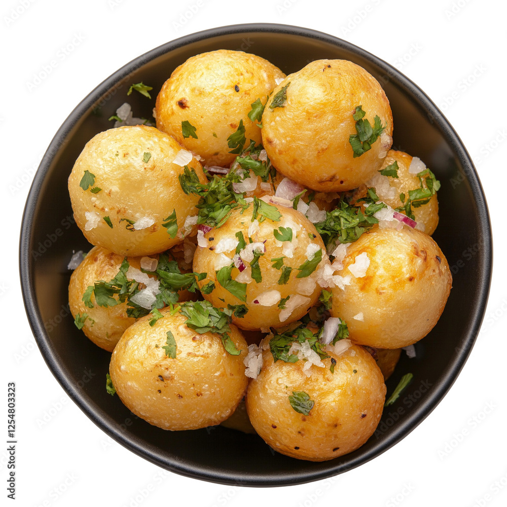 bowl of a delicious looking pani puri top view isolated on transparent white background, clipping path bowl of a delicious looking pani puri top view isolated on transparent white background, clipping path