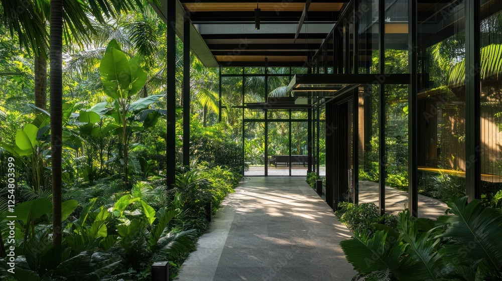 Tropical garden walkway to modern house entrance Tropical garden walkway to modern house entrance