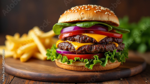 Homemade delicious hamburger with beef, onion, tomato, lettuce and cheese. photo