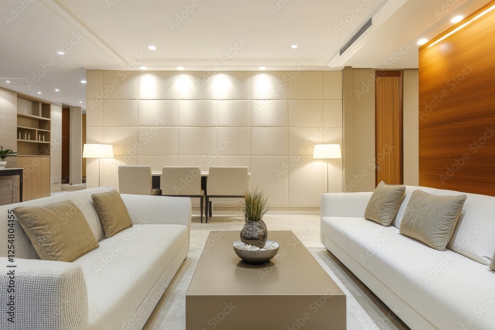 Fototapeta premium Modern living room with beige sofas and wooden accents