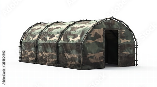 Camouflage Military Tent: A sturdy, elongated military tent in camouflage pattern, featuring a curved roofline and reinforced structure, ideal for temporary shelter in diverse terrains.  photo