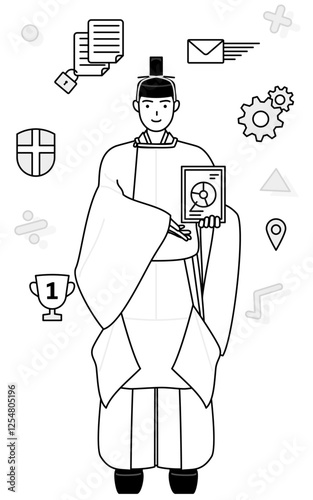 DXのイメージ、デジタル技術を利用して業務改善を行う神社の神主、冠と斎服姿