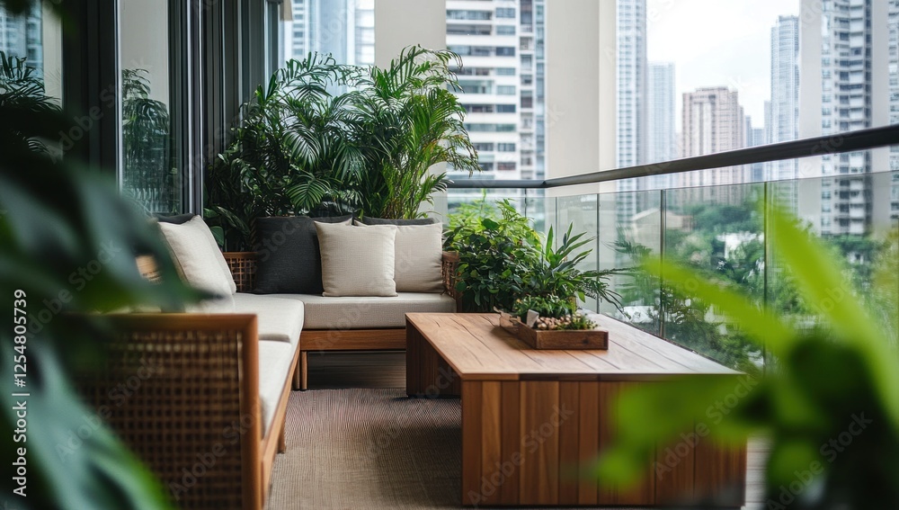 Fototapeta premium Urban Oasis: Serene Balcony Retreat with Lush Greenery and Modern Furniture