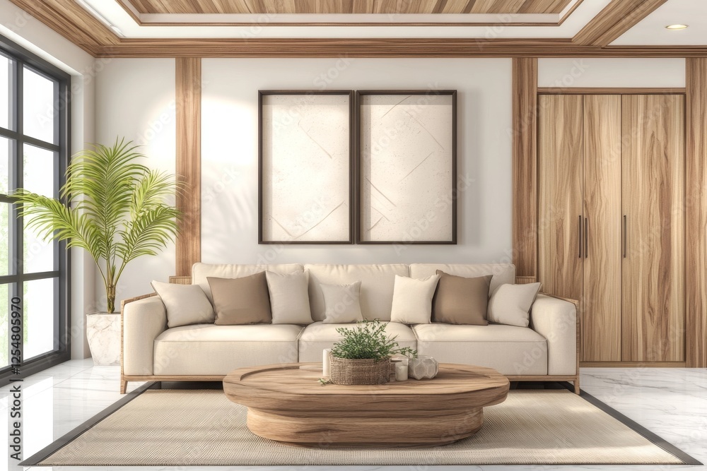 Fototapeta premium Minimalist living room with beige sofa, wooden coffee table, and natural elements.