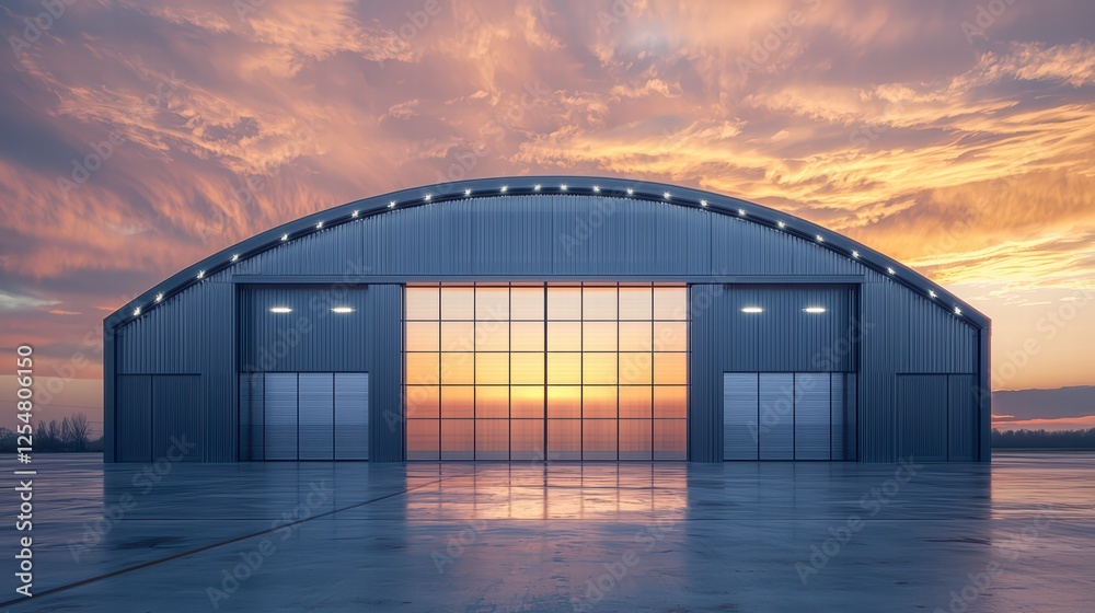 Hangar at Sunset: A large, industrial hangar with an arched roof and expansive glass doors stands against a breathtaking sunset sky. Hangar at Sunset: A large, industrial hangar with an arched roof and expansive glass doors stands against a breathtaking sunset sky.