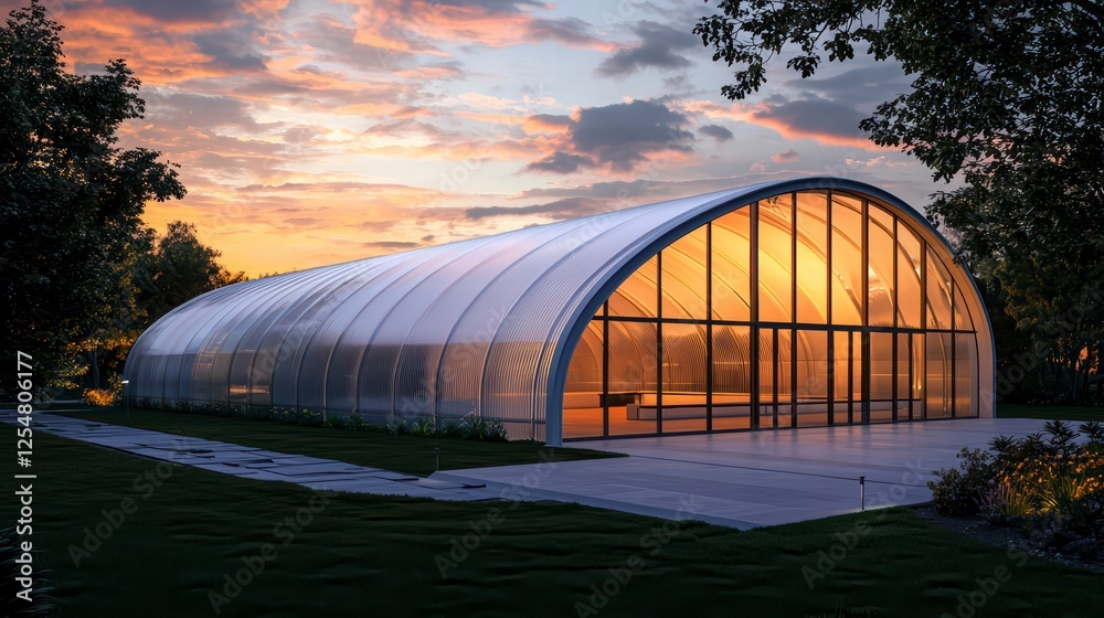 Modern Architectural Retreat: A contemporary arched structure with large glass panels bathes in the warm glow of a breathtaking sunset, evoking a sense of tranquility and modern design. Modern Architectural Retreat: A contemporary arched structure with large glass panels bathes in the warm glow of a breathtaking sunset, evoking a sense of tranquility and modern design.