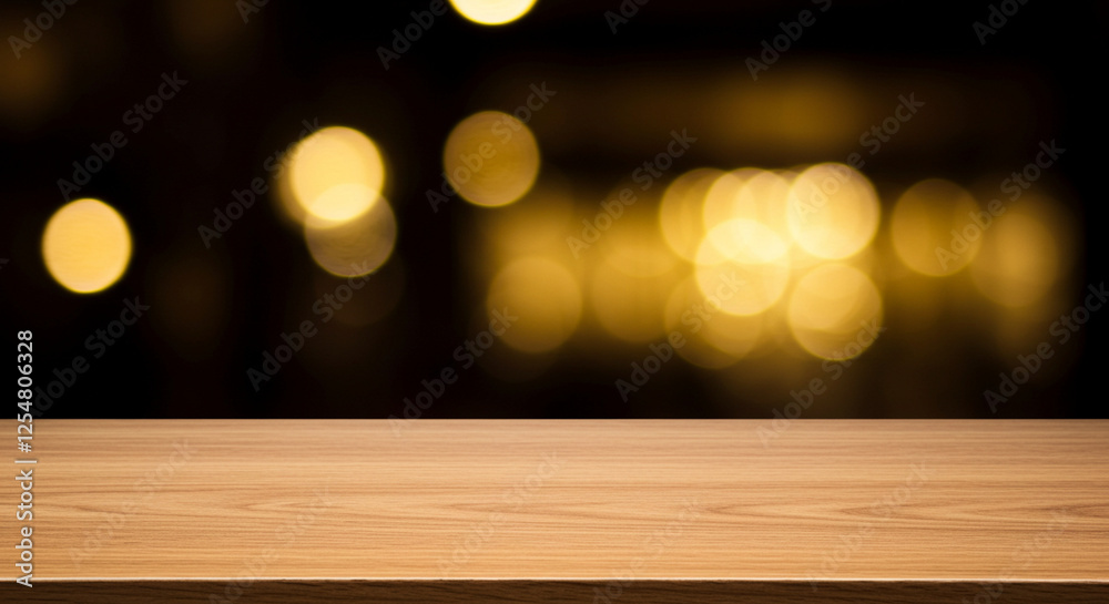 Cozy wooden table in a dimly lit setting, illuminated by soft glowing lights with a beautiful bokeh effect Cozy wooden table in a dimly lit setting, illuminated by soft glowing lights with a beautiful bokeh effect