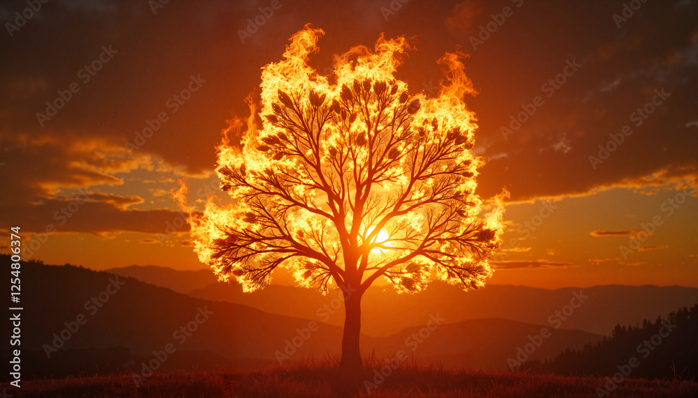 Burning tree at sunset, symbolizing change and transformation Burning tree at sunset, symbolizing change and transformation