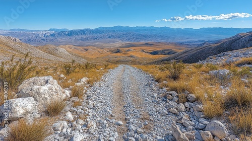 Scenic view of a rocky trail leading down a valley surrounded by mountains under a clear blue sky