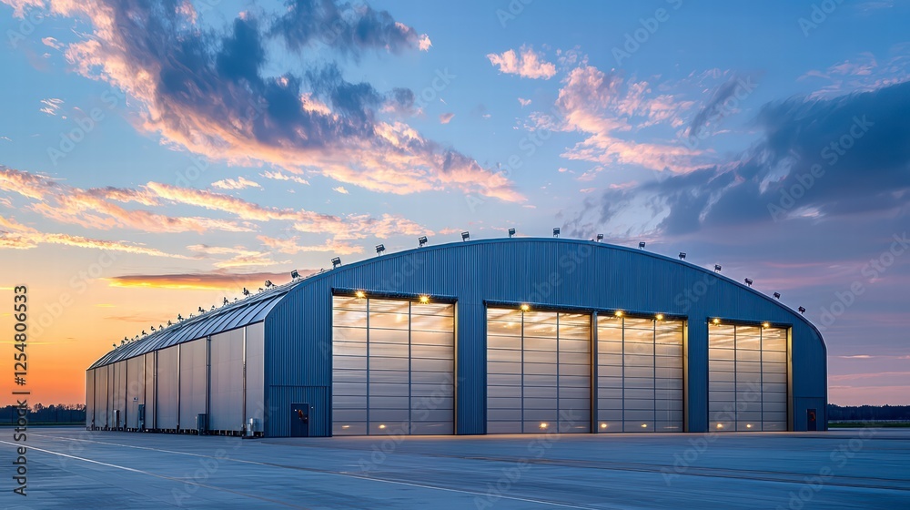 Obraz premium Industrial Hangar at Sunset: A vast, steel hangar with large, hangar doors stands silhouetted against a vibrant sunset sky, evoking a sense of power and purpose.