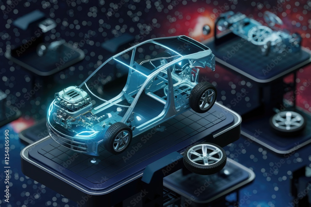 A transparent 3D model of a car showcasing its internal components and engineering. A transparent 3D model of a car showcasing its internal components and engineering.