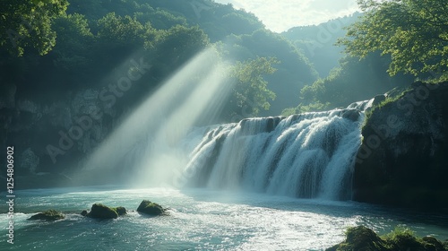 Tranquil waterfall cascading down rocky outcrops, sunlight illuminating the scene, lush green vegetation surrounding the water photo