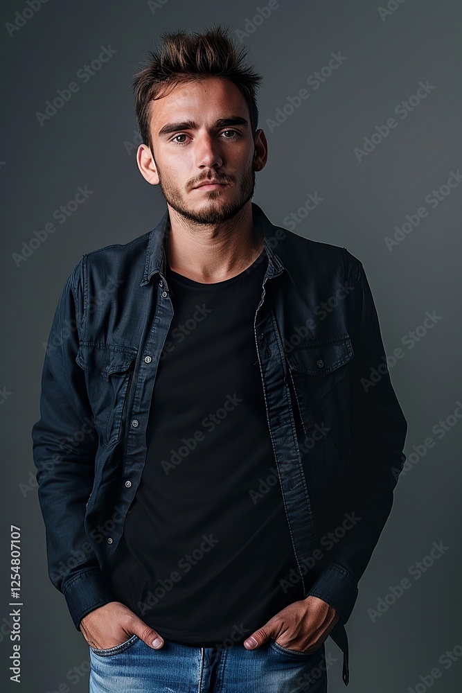 Fototapeta premium Confident young man in casual attire against gray background