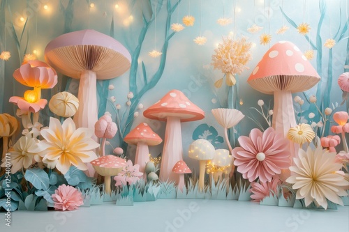 Whimsical mushroom garden fantasy world paper art colorful environment close-up creative inspiration
