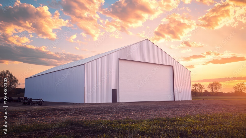 Sunset Barn: A large, pristine white barn stands majestically against a vibrant sunset sky, its expansive doors promising stories of harvest and industry. Sunset Barn: A large, pristine white barn stands majestically against a vibrant sunset sky, its expansive doors promising stories of harvest and industry.