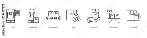 Tracking Systems Icon Sheet Chat, Barcode Scan, Manufacturing, Label, Distribution, Parcel Weight, Parcel Weight