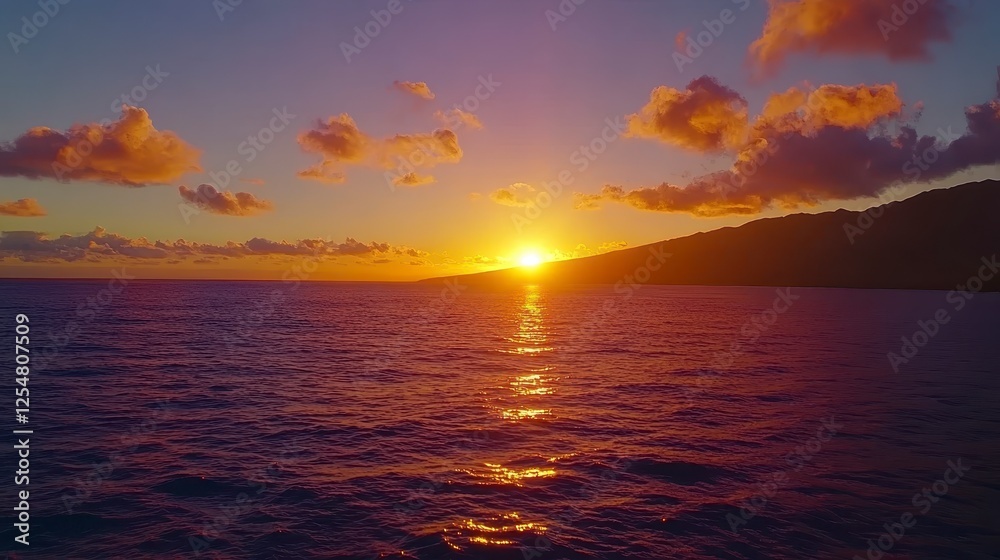 Fototapeta premium Sunset over calm water, vibrant colors, golden sun, clouds, tranquil scene