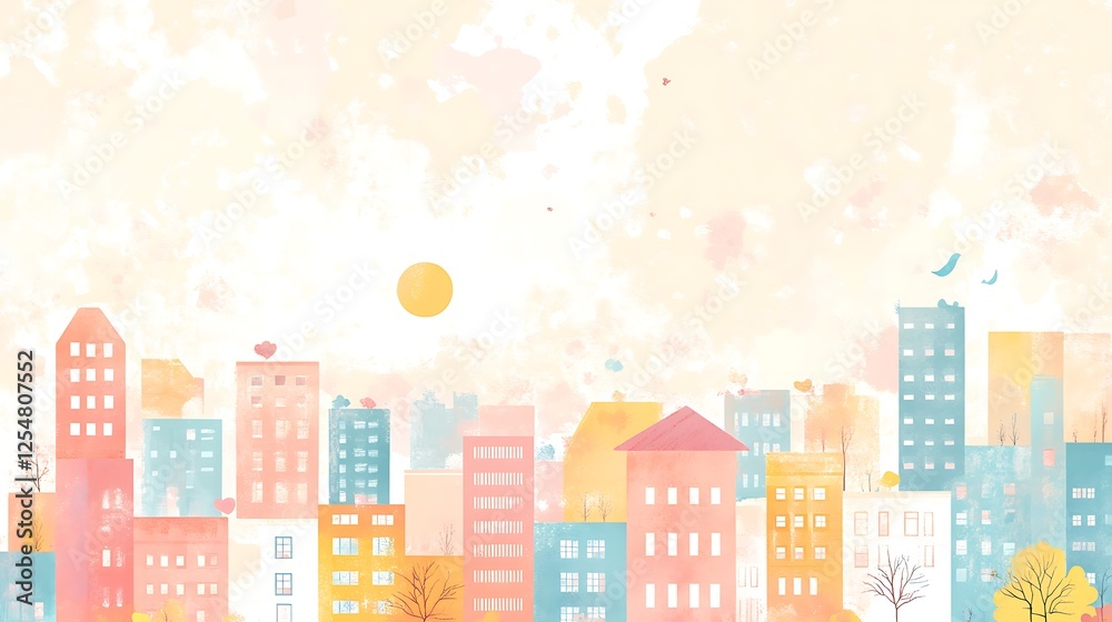 Pastel Cityscape Under a Sunny Sky Pastel Cityscape Under a Sunny Sky