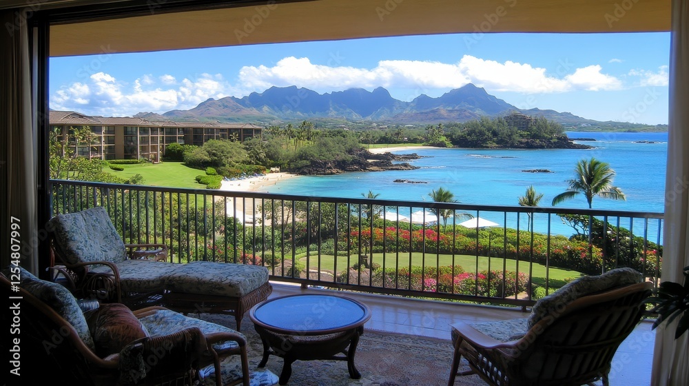 Fototapeta premium Panoramic view of a tropical balcony overlooking a beautiful bay with lush green landscapes and mountains on a clear day, featuring comfortable