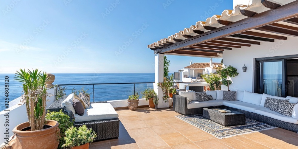 Fototapeta premium Mediterranean Terrace Luxury: Coastal Relaxation and Breathtaking Ocean Views