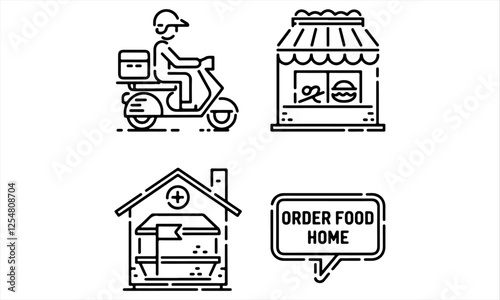 Food delivery line icon set. Order food home, courier, fast food and more. Outline vector icon in linear style. Conceptual pictogram collection