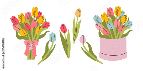 Tulip. Bouquet of colorful tulips. Perennial flower. Spring Summer. The stems are broad leaved. White background. Used for collages and stickers in web design, for cards and congratulations.