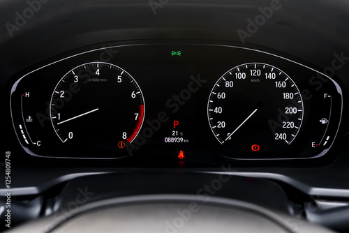 car​ instrument panel, car​ speed motor of​ night, car​ dashboard​ modern​ automobile control​illuminated panel​ speed display.