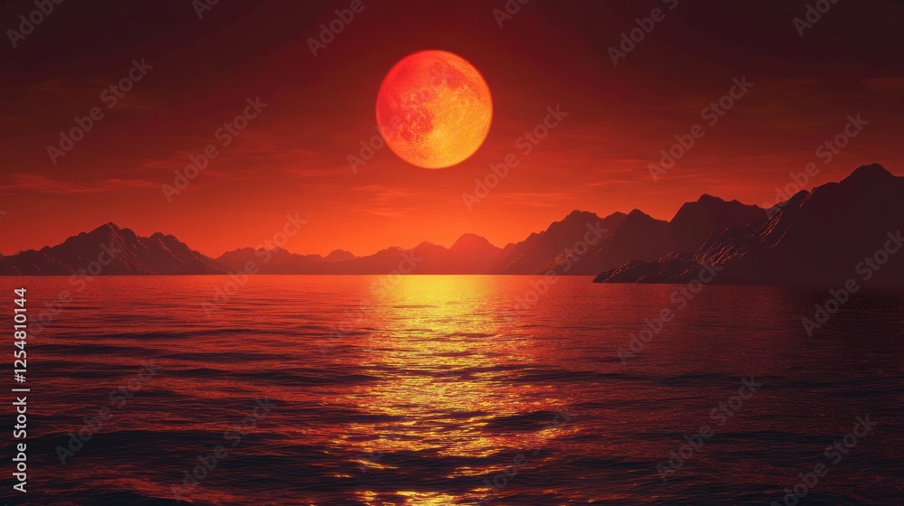 Naklejka premium Blood moon rising over ocean mountains, dramatic sunset, fantasy landscape, ideal for fantasy or horror films