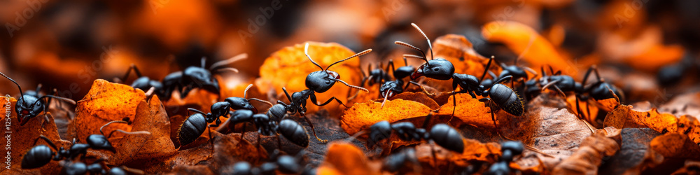 Ants crawl over vibrant orange leaves in a forest setting. Concept of nature and teamwork. For biology articles Ants crawl over vibrant orange leaves in a forest setting. Concept of nature and teamwork. For biology articles