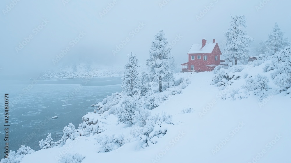 A serene winter scene showcasing a tranquil icy lake, with a quaint light pink house nestled amidst snow covered evergreen trees on a hill A serene winter scene showcasing a tranquil icy lake, with a quaint light pink house nestled amidst snow covered evergreen trees on a hill