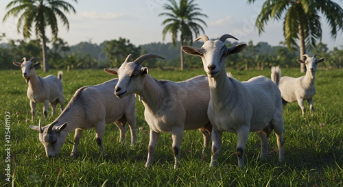Serene Goats Grazing in a Tropical Paradise