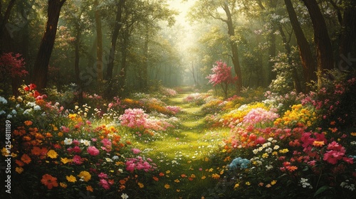 Vibrant floral pathway in a sunlit forest, showcasing diverse blooms and lush greenery