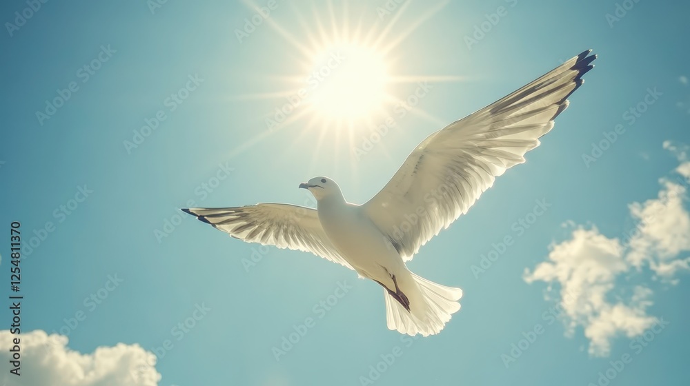 A bird soars through a vibrant blue sky, sunbeams radiating from a bright sun, fluffy white clouds scattered across the cerulean background. The bird A bird soars through a vibrant blue sky, sunbeams radiating from a bright sun, fluffy white clouds scattered across the cerulean background. The bird