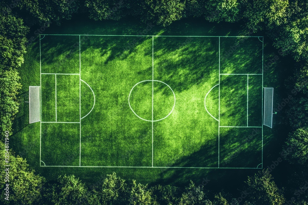 Aerial view of a soccer field surrounded by lush trees. Aerial view of a soccer field surrounded by lush trees.