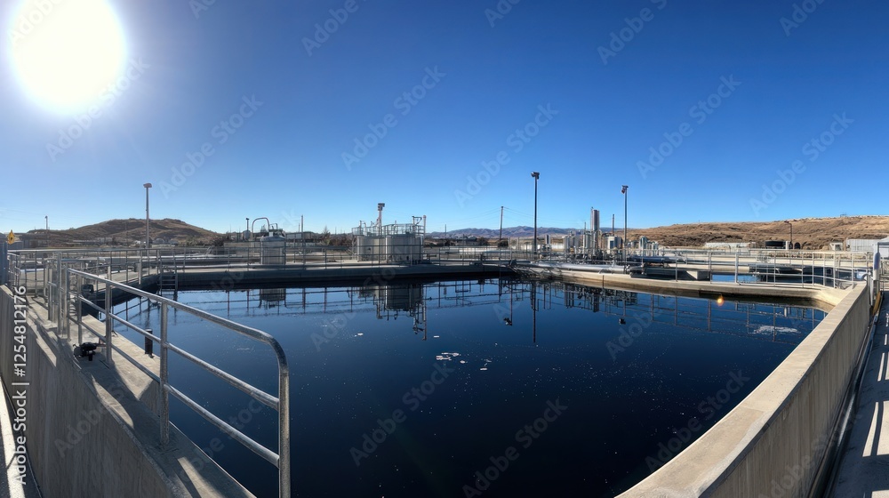 Obraz premium Wastewater treatment plant, sunny day, arid landscape, water purification