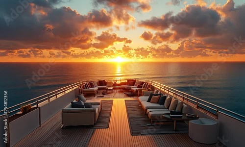 Luxurious yacht deck at sunset, showcasing serene ocean views and elegant seating arrangements