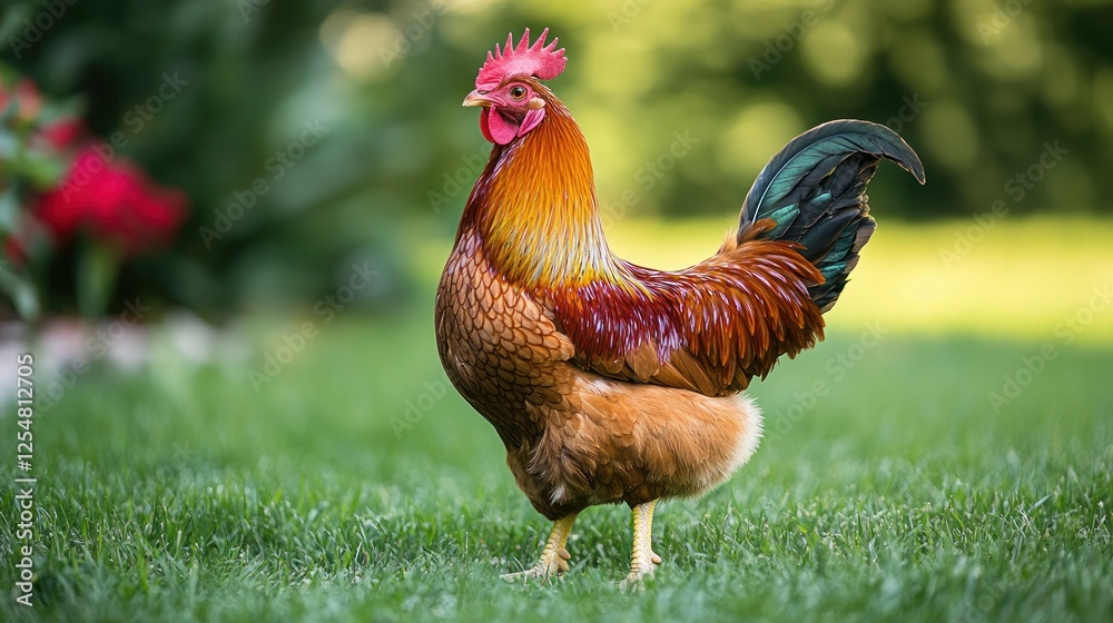 Fototapeta premium Rooster standing garden flowers background farm animal