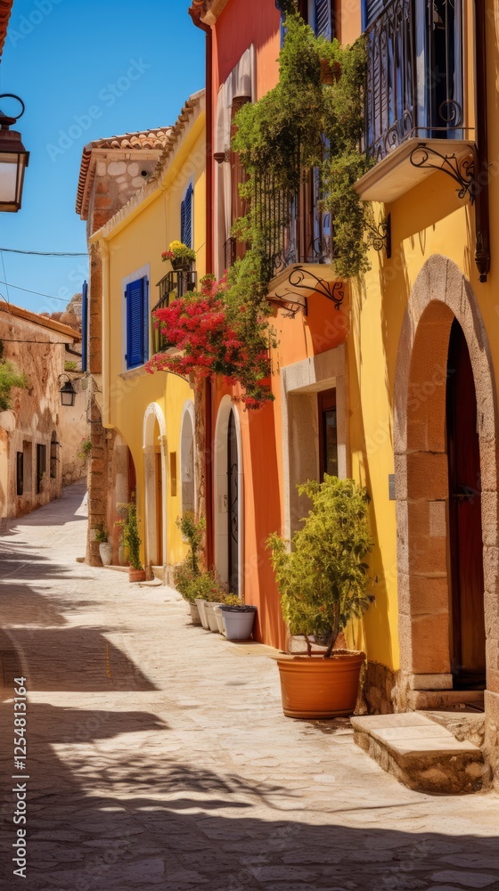 Obraz premium A street with small old houses with flowers 