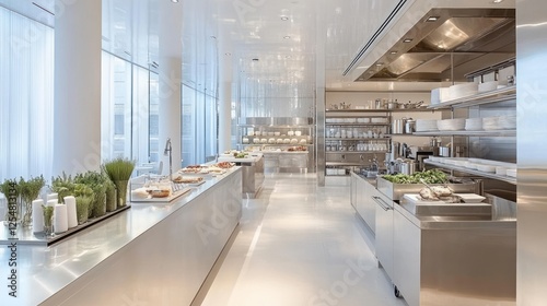 Modern hotel breakfast buffet, city view, stainless steel, kitchen