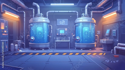 Futuristic lab Cloning vats, nocturnal research, underground facility, game background