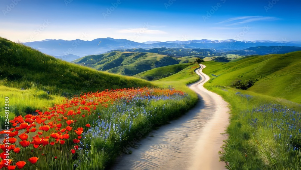 Fototapeta premium Winding Trail Through Rolling Hills with Wildflowers in Full Bloom