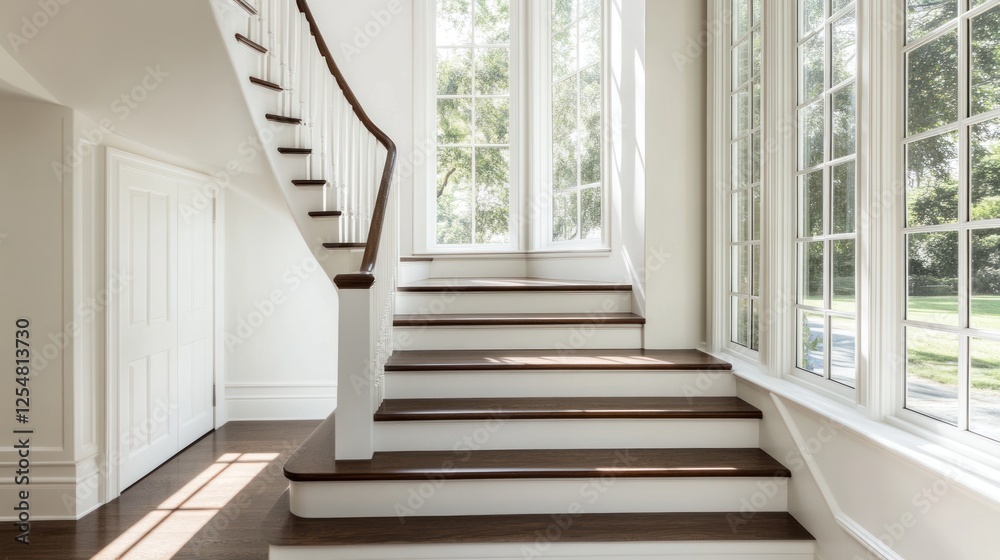 Sunlight streams through windows onto elegant wooden staircase in bright hallway Sunlight streams through windows onto elegant wooden staircase in bright hallway