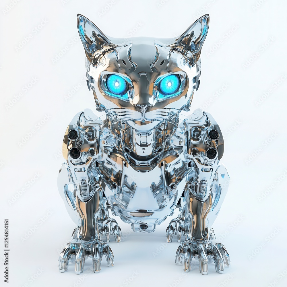 Shiny metallic cat robot with glowing blue eyes sits in a futuristic setting Shiny metallic cat robot with glowing blue eyes sits in a futuristic setting