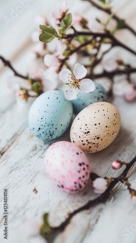 Delicate cherry blossoms complement a trio of pastel speckled eggs in soft shades of blue, pink, and cream. This serene setting captures the essence of spring's beauty and renewal
