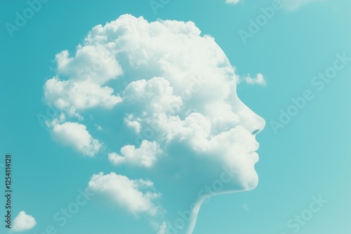 A surreal human head formed by fluffy white clouds in a blue sky, symbolizing imagination, creativity, and dreaming