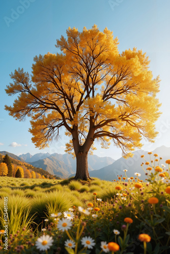 Golden tree swaying in sunlit meadow, nature's resilience