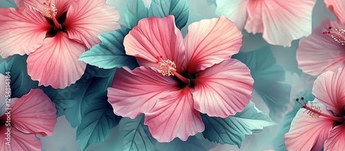 Wallpaper Mural Close-up of pink hibiscus flowers with teal leaves. Torontodigital.ca