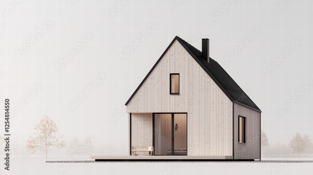 Fototapeta premium Modern Minimalist Cottage: A contemporary architectural masterpiece featuring sleek, clean lines, and simple design, the white cottage showcases wood siding, a black roof.