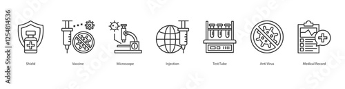Vaccine Research Icon Sheet Anti Virus, Medical Record, Shield, Vaccine, Microscope, Injection, Test Tube