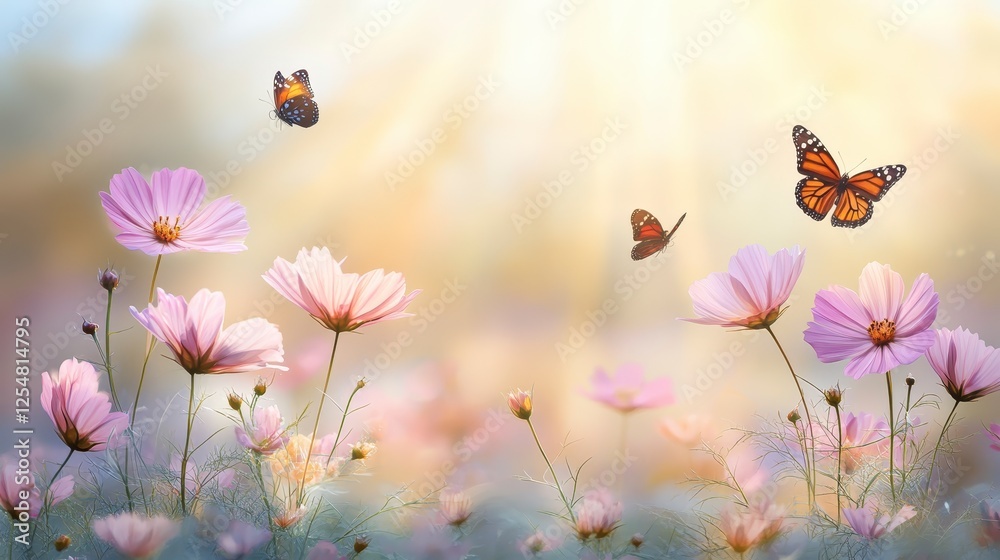 Naklejka premium Pastel pink flowers in a field with butterflies, soft light, and a pixelated aesthetic